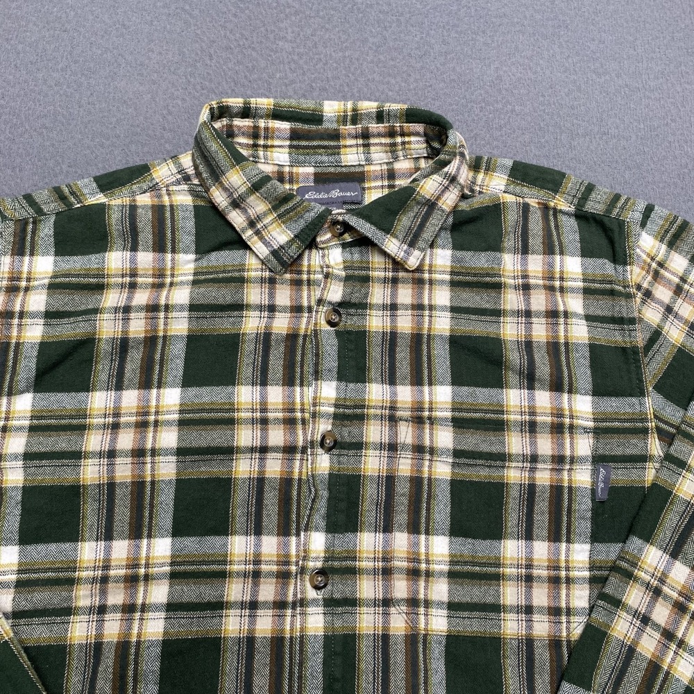 Eddie Bauer Shirt‎ Mens Medium Green Yellow Plaid Flannel Long Sleeve Button Up